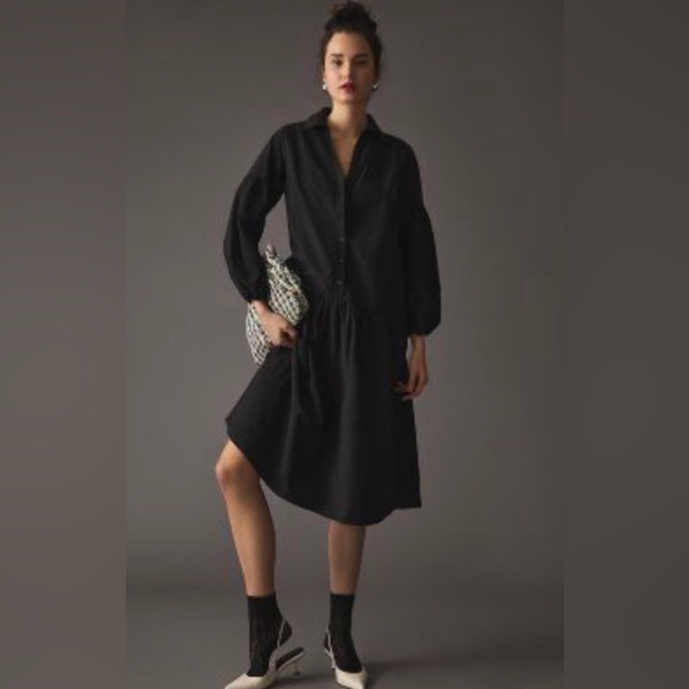 MAEVE BY ANTHROPOLOGIE BUTTON-FRONT BLACK TAFFETA DRESS NEW $160 Sz Large